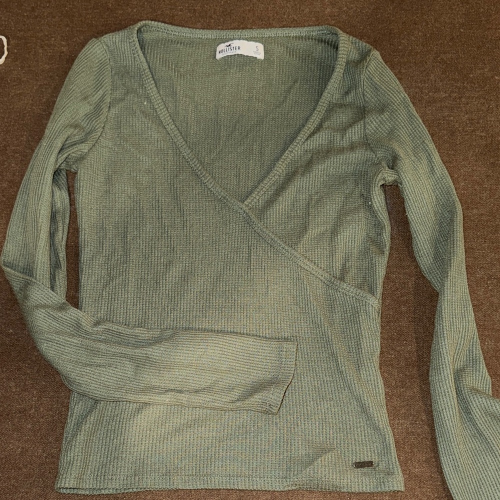 Hollister Olive Ribbed V-Neck Top